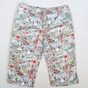 White Stag Women’s White with Red Peach Green Cityscape Cotton Capri Pants 16